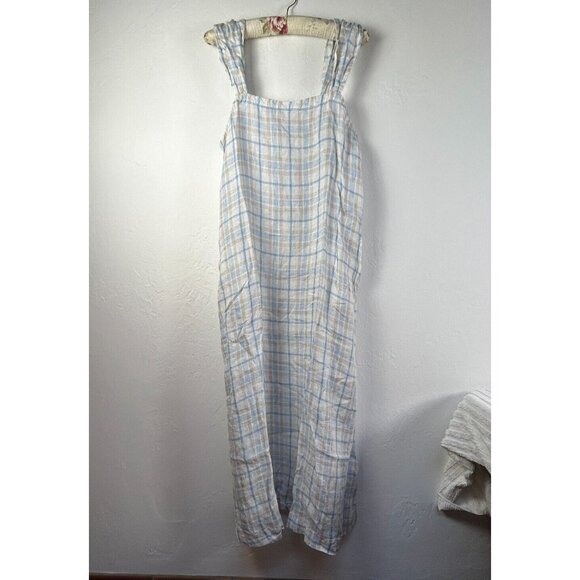 CP Shades Women's Angie Sundress Midi Dress Blue Plaid Linen Large NWOT 4889-228